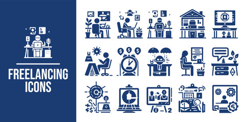 Working from home simple icon set Concept with pictograms related to home office technology, remote work, working from home, freelance business, online job. Vector illustration
