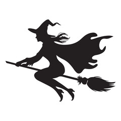 Mythical characters for Halloween, Silhouette witch flies on a magic broomstick