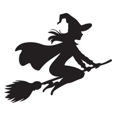 Mythical characters for Halloween, Silhouette witch flies on a magic broomstick