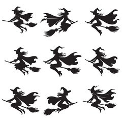 Mythical characters for Halloween, Silhouette witch flies on a magic broomstick