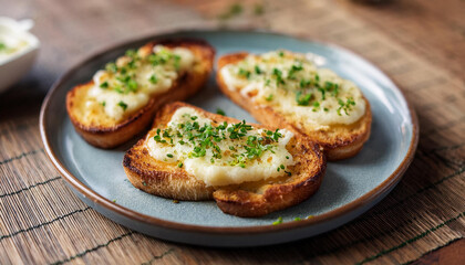 Crispy toast slathered with garlic butter and topped with melted cheese. Tasty food for lunch.