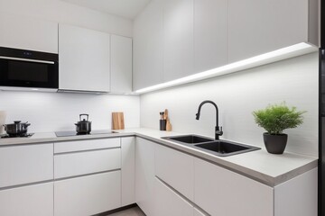 Modern White Kitchen with Black Accents and a Double Sink