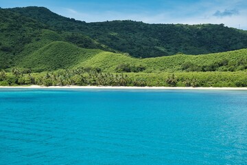 The turquoise-colored ocean in front of deep lush hills of a small island covered by coconut palm trees. Perfect, paradise-like island beach scene. Yasawa Islands of Fiji. Travel Destination. 