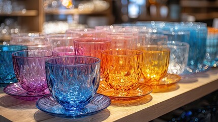 Beautiful glasses on the table, different colors. Blurred background