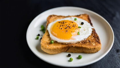 Delicious fried egg on toasted bread, sprinkled with pepper. Food for breakfast. Tasty for lunch.