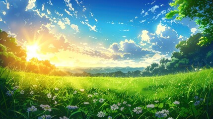 Obraz premium Bright sunrise with lush green field under cloudy sky.