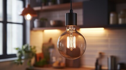 A Single Hanging Light Bulb Illuminates a Kitchen