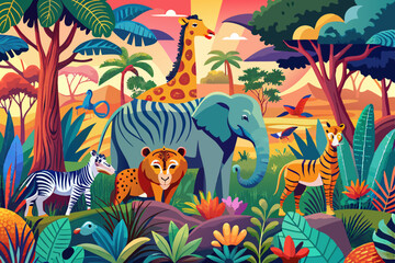 A vibrant and richly detailed artwork featuring a variety of jungle animals, including elephants, zebras, and giraffes, capturing the diversity and beauty of the wild in a modern style
