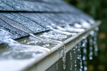 Leaking Gutters Closeup: Rain Gutter Overflowing with Water on Roof