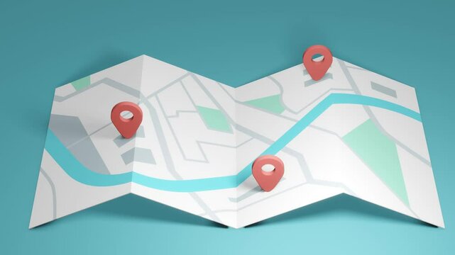 Unfolded city map with red location markers. Minimal modern motion design. Abstract animation