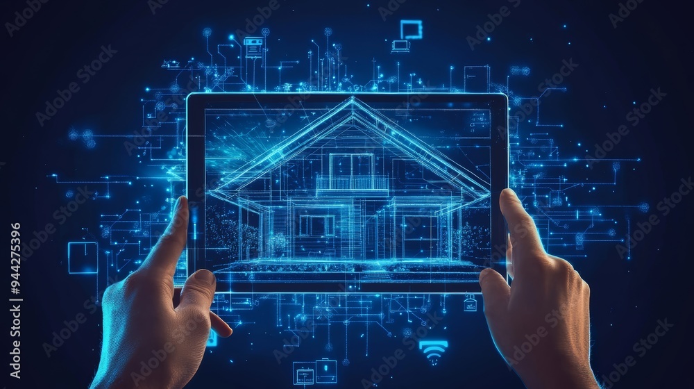 Poster Hands holding a digital tablet displaying a smart home blueprint with glowing lines. Represents smart home security and technology