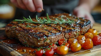 A chef adds seasoning to a grilled steak with rosemary and cherry tomatoes.