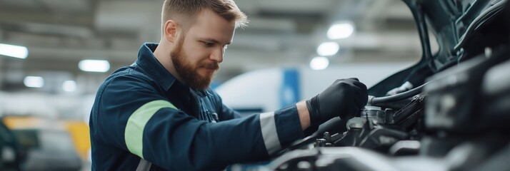 A mechanic is entirely focused on repairing a car's engine, showcasing skill and technical expertise.