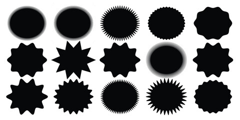 Set sunburst badges. Set of vector starburst, sunburst badges. Simple flat style vintage labels, stickers. Collection star label. Different starburst