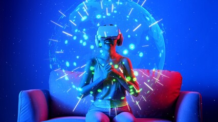 Sitting on sofa of woman in VR circle shape signal point station network international world map on neon lighting. Futuristic technology global connectivity design 3D digital graphic. Hallucination.