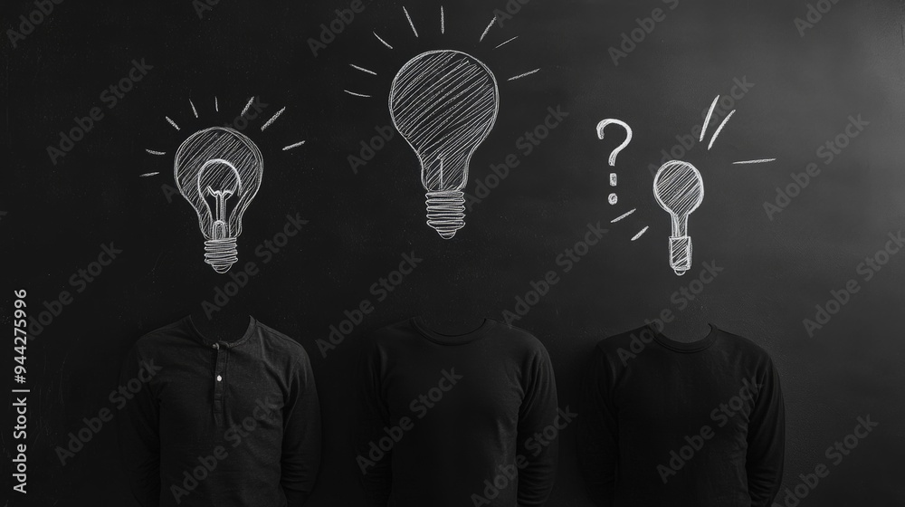 Poster three figures in black under light bulb and question mark drawings on a dark chalkboard. symbolizes 
