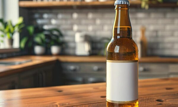 An unlabeled beer bottle stands on a wooden kitchen counter, with a blurred background