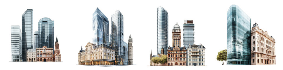 set of depiction of modern glass buildings alongside classic stone structures, on a transparent backgrounds