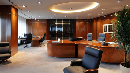 A modern workspace designed with sleek minimalism in mind features clean, sharp lines and an open-concept layout. Glass partitions separate different areas, enhancing the sense of space and transparen