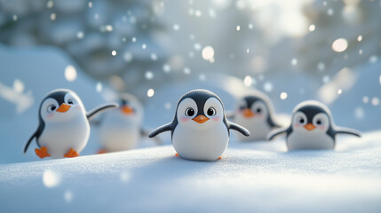 Fototapeta premium Cute Cartoon Penguins Playing in Snowy Arctic Landscape