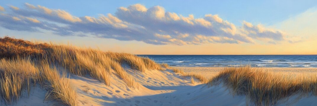 Autumn Cape Cod. Sunset Seascape Landscape with Golden Beach Grasses and Sand Dunes at Chatham Lighthouse Beach