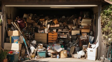 Clutter Garage. Hoarder's Mess: Filling Garage Corner with Junk and Clutter