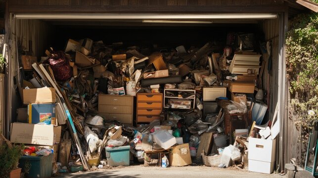Clutter Garage. Hoarder's Mess: Filling Garage Corner with Junk and Clutter