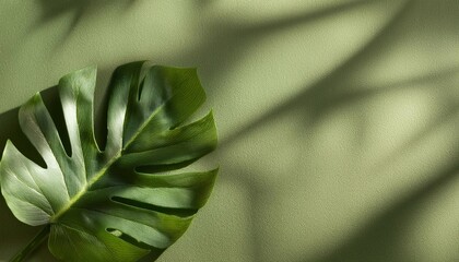 Fototapeta premium Green leaf of tropical plant on green textured background with space for text, top view.