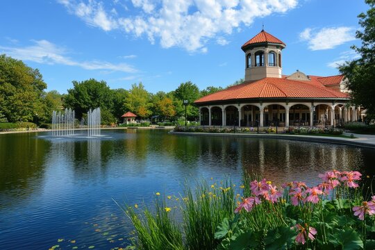 Cook County Illinois. Northbrook Village Landscape with Pavilion and Lake Scenery