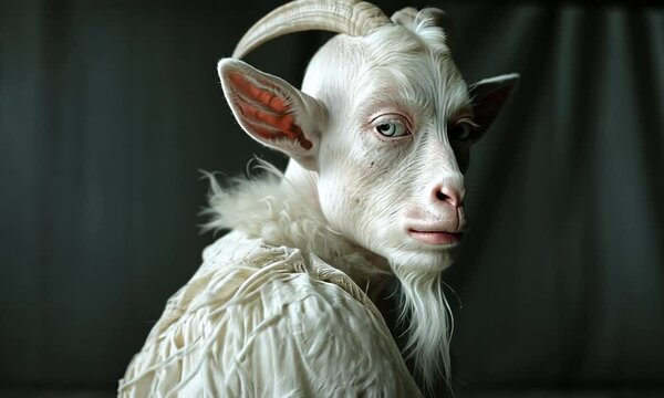 A goat man chimera with a white coat, anthropomorphic creature, hybrid