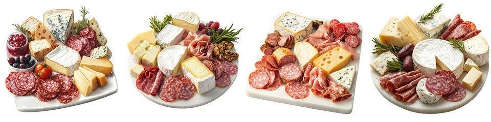 set of a collection of artisanal cheeses and charcuterie on a white platter, Refined Array of Artisanal Cheeses and Charcuterie on a White Serving Platte, on a transparent backgrounds