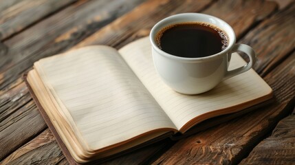 Minimalist Workspace with Blank Notebook and Black Coffee