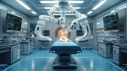 Robotic surgery, modern methods of treatment. Surgery room with robotic surgery, Technology in Medicine - robotic arms in surgery.