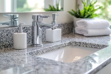 Granite Soap. Modern Bathroom Sink with White Granite Countertop and Faucet