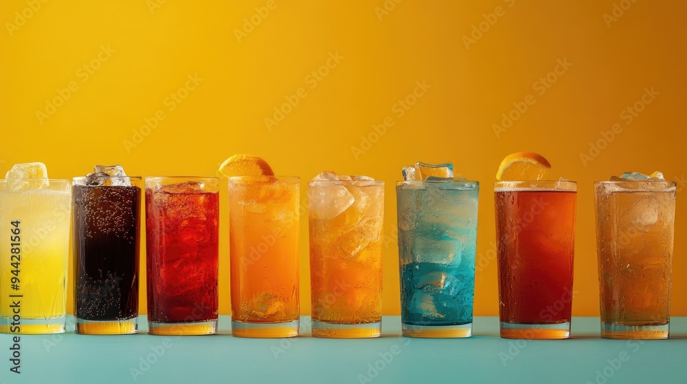 Canvas Prints A Row of Eight Colorful Iced Beverages