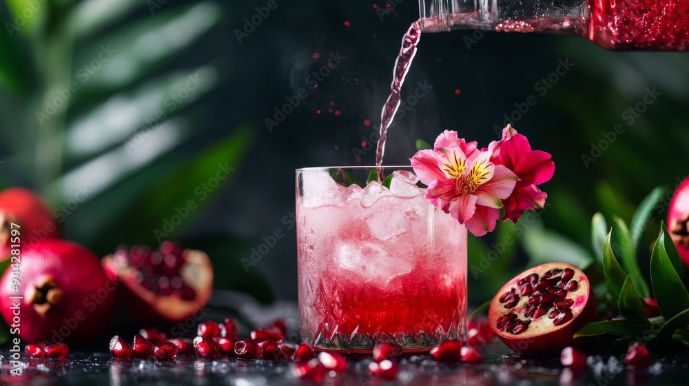 Wall mural A vibrant pomegranate cocktail is being poured into a glass filled with ice, garnished with a delicate pink flower. The drink symbolizes refreshment, summer, celebration, and a touch of tropical elega