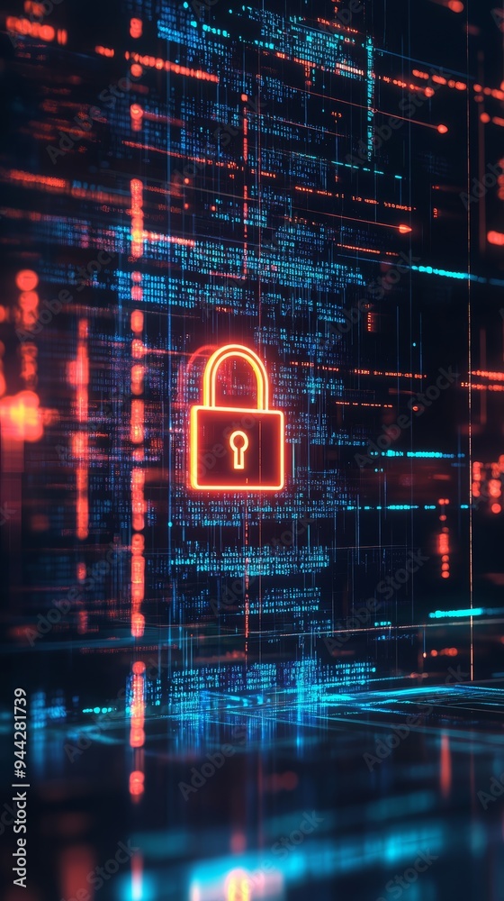 Poster Abstract digital security concept with a neon red lock icon against encrypted code background. Focus on cyber security and encryption.