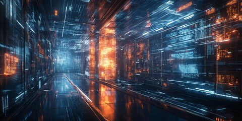 A futuristic cityscape with neon lights and a large, empty room