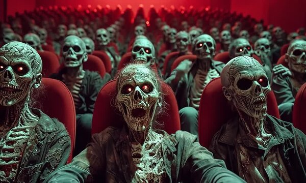 A group of zombies are sitting in a theater