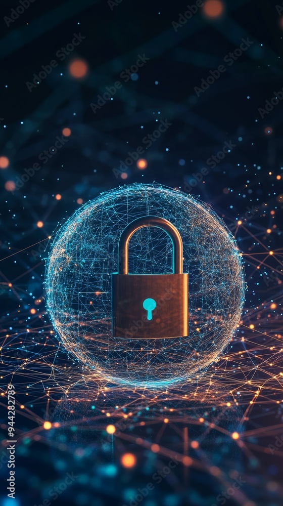 Poster holographic digital lock surrounded by a network of connections on a dark background. global cyberse