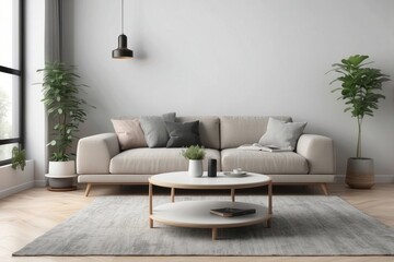 Minimalist Living Room Interior with White Sofa and Coffee Table
