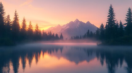 Misty sunrise over a tranquil lake surrounded by pine trees and towering mountains