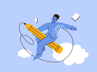 Young man fly on yellow pencil with notes in the air vector