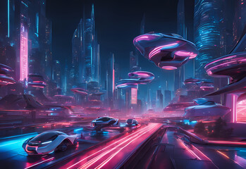 Futuristic city at night with neon lights and fast moving cars