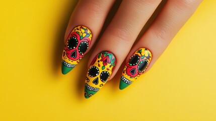 Hand with colorful sugar skull nail art on yellow background