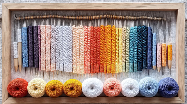 Display of colored yarns organized in a wooden frame for weaving, featuring various yarn colors neatly arranged with crochet hooks and spools of thread.