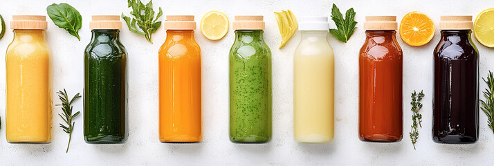 A flat lay of colorful glass bottles filled with fresh vegetable and fruit juice,
