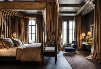 Interior of a luxury hotel bedroom. Luxury gold interior design