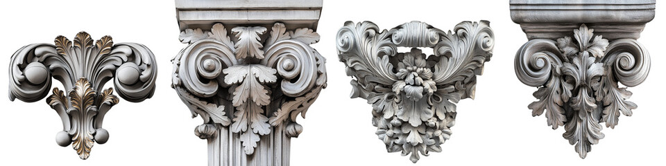 set of A room design presented with a close-up of the decorative elements of a historic building, detailed views of historic architectural elements room design, on a transparent backgrounds