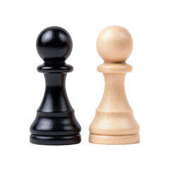Two chess pawns, one black and one white, representing strategy and competition in a classic game isolate on transparency background